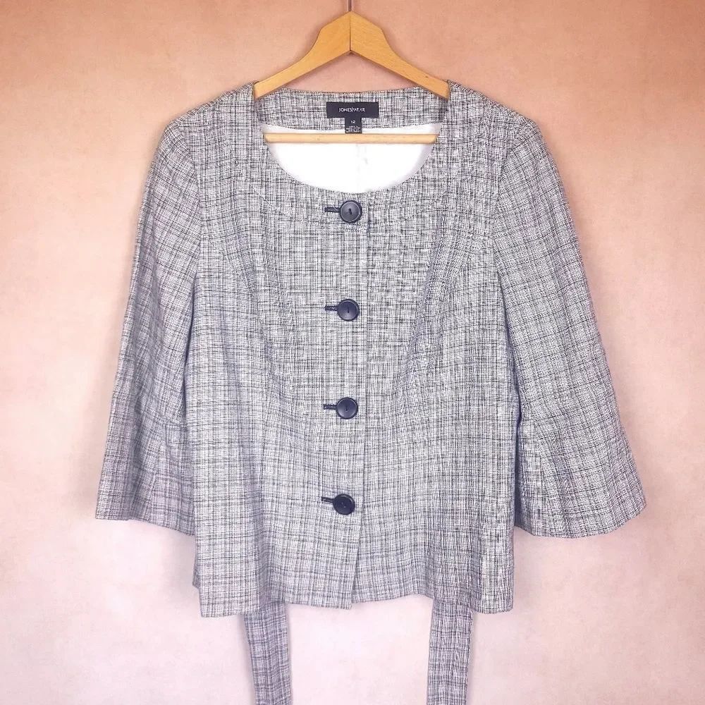 Jones Wear Gray Blazer with Belt 3/4 Sleeve Size 12